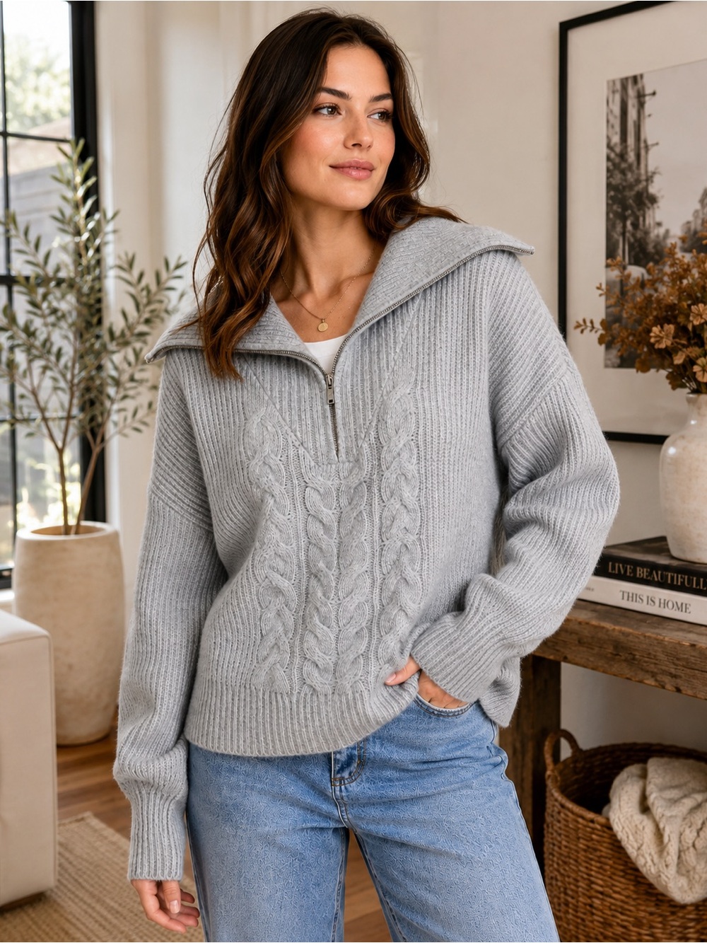 And Now This Gray Cable Knit Quarter Zip Sweater XL